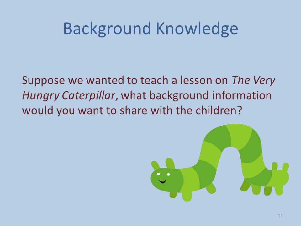 Background Knowledge Suppose we wanted to teach a lesson on The Very Hungry Caterpillar, what background information would you want to share with the children.