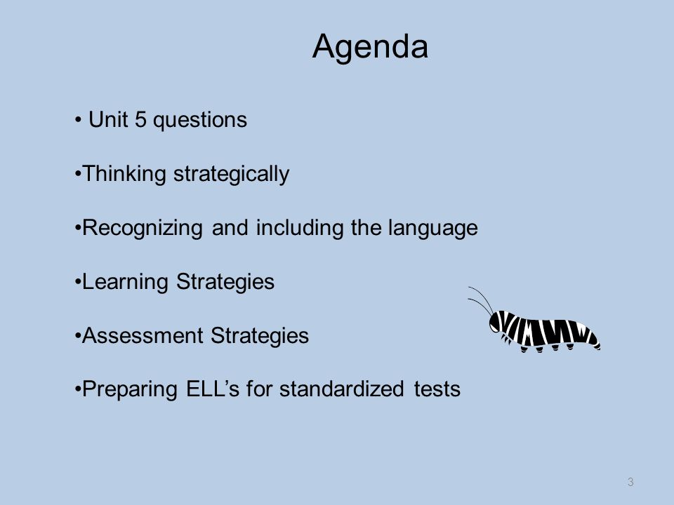 Agenda Unit 5 questions Thinking strategically Recognizing and including the language Learning Strategies Assessment Strategies Preparing ELL’s for standardized tests 3
