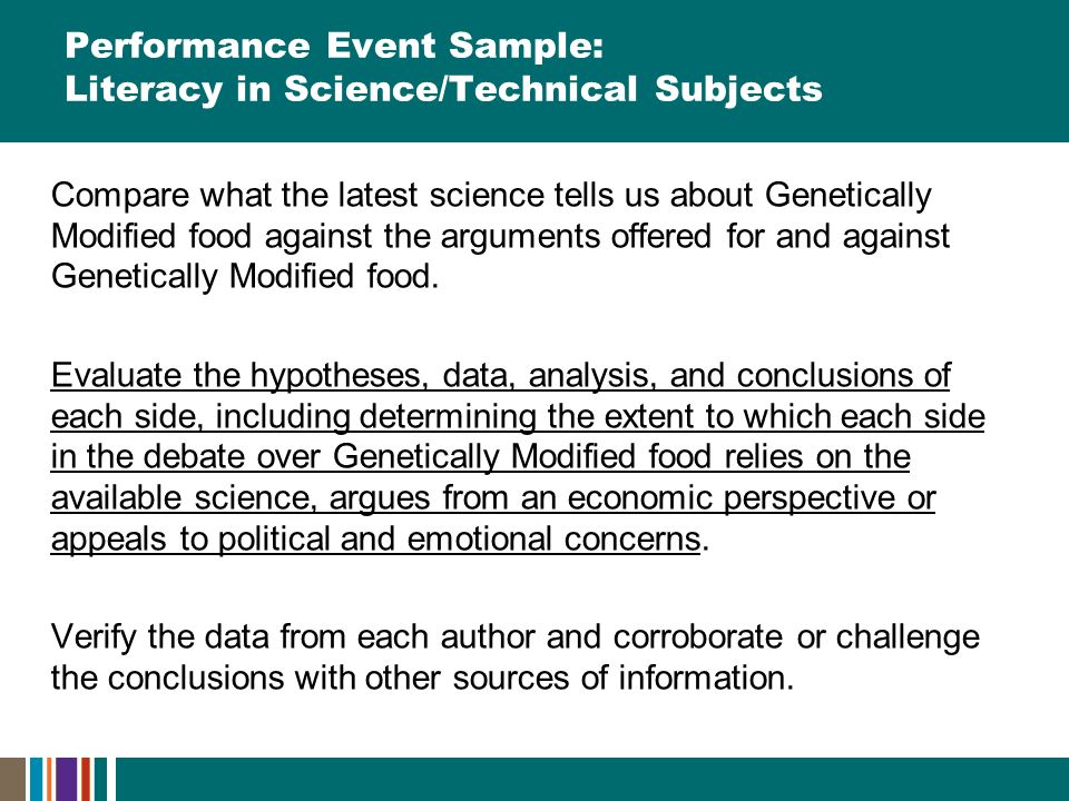 Performance Event Sample: Literacy in Science/Technical Subjects Compare what the latest science tells us about Genetically Modified food against the arguments offered for and against Genetically Modified food.