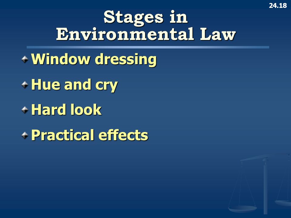 24.18 Stages in Environmental Law Window dressing Hue and cry Hard look Practical effects