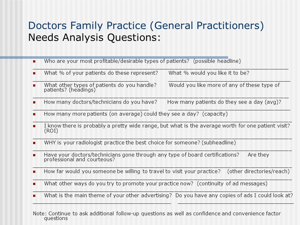 Doctors Family Practice (General Practitioners) Needs Analysis Questions: Who are your most profitable/desirable types of patients.