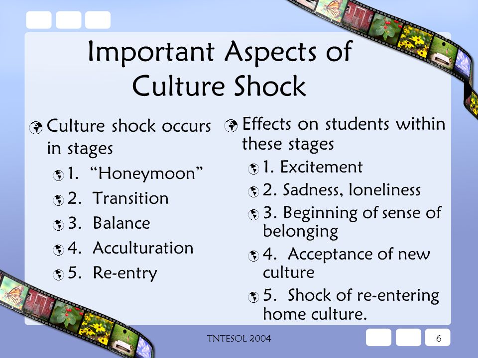 TNTESOL Important Aspects of Culture Shock Culture shock occurs in stages  1.