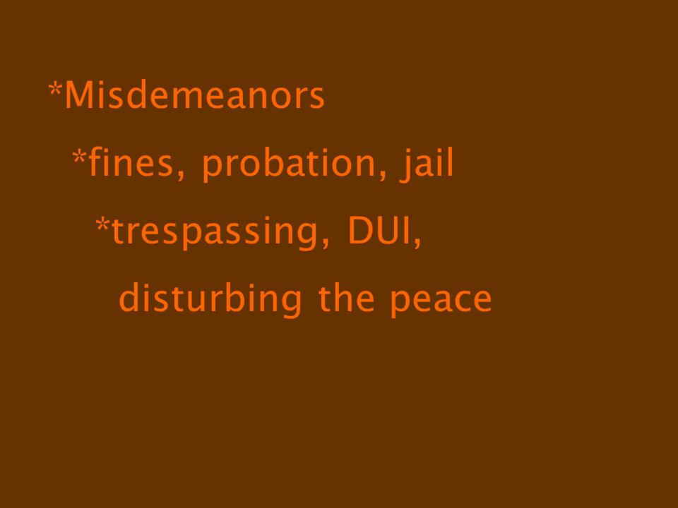 *Misdemeanors *fines, probation, jail *trespassing, DUI, disturbing the peace