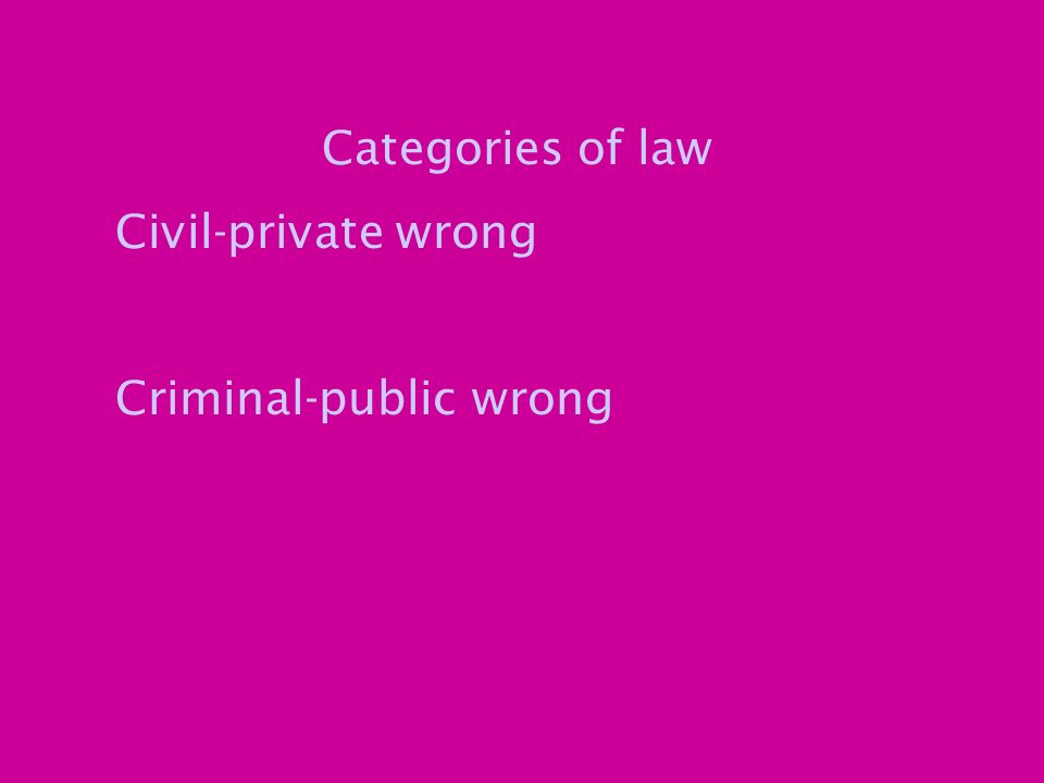 Categories of law Civil-private wrong Criminal-public wrong
