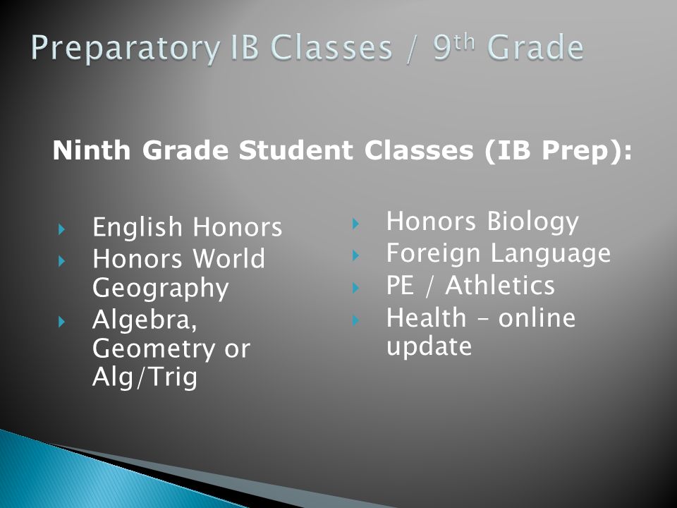 English Honors  Honors World Geography  Algebra, Geometry or Alg/Trig  Honors Biology  Foreign Language  PE / Athletics  Health – online update Ninth Grade Student Classes (IB Prep):