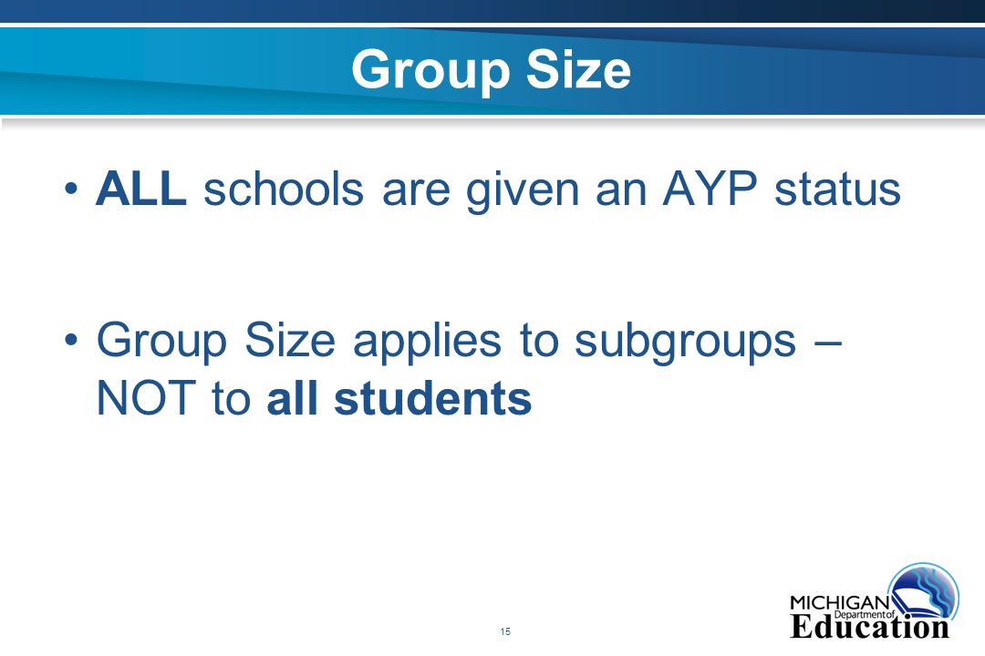 15 Group Size ALL schools are given an AYP status Group Size applies to subgroups – NOT to all students
