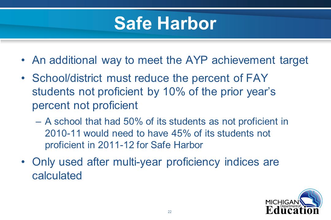 22 Safe Harbor An additional way to meet the AYP achievement target School/district must reduce the percent of FAY students not proficient by 10% of the prior year’s percent not proficient –A school that had 50% of its students as not proficient in would need to have 45% of its students not proficient in for Safe Harbor Only used after multi-year proficiency indices are calculated