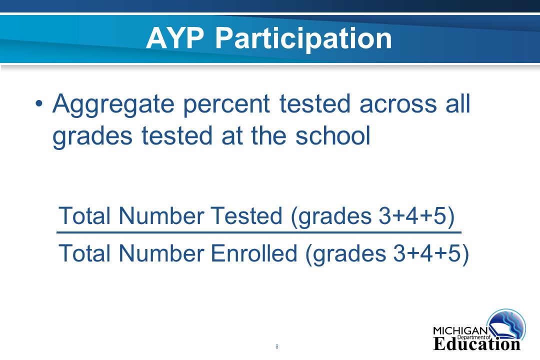 8 AYP Participation Aggregate percent tested across all grades tested at the school Total Number Tested (grades 3+4+5) Total Number Enrolled (grades 3+4+5)