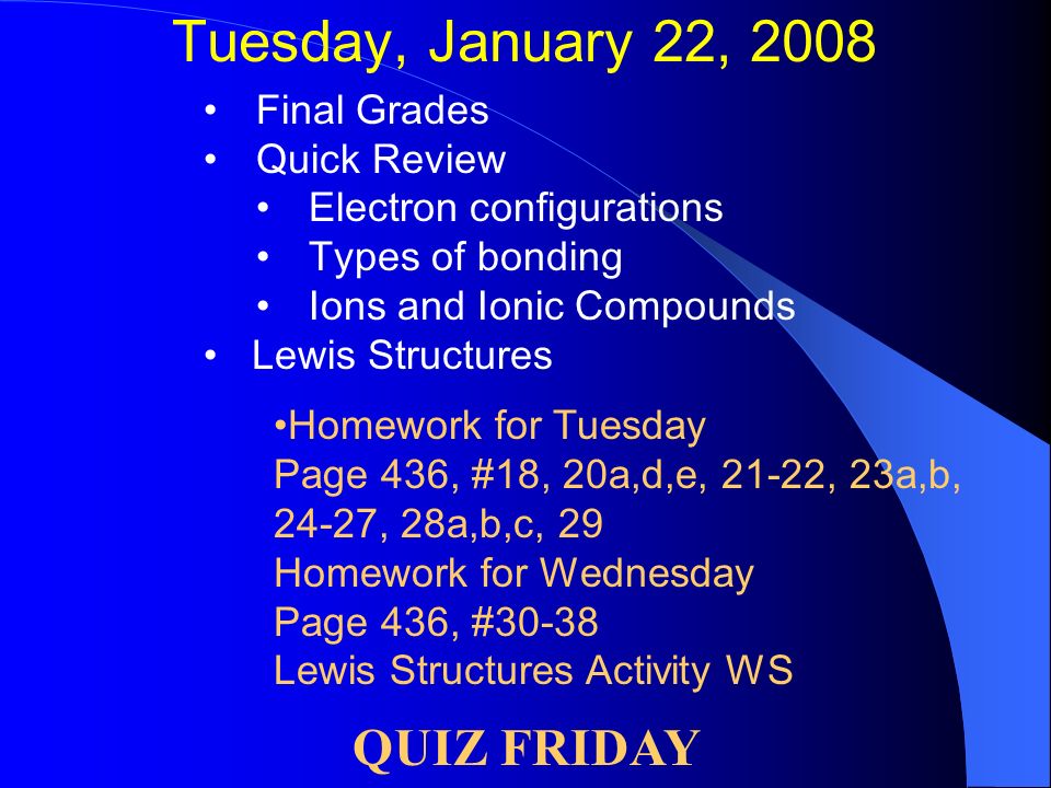 Tuesday, January 22, 2008 Final Grades Quick Review Electron configurations Types of bonding Ions and Ionic Compounds Lewis Structures QUIZ FRIDAY Homework for Tuesday Page 436, #18, 20a,d,e, 21-22, 23a,b, 24-27, 28a,b,c, 29 Homework for Wednesday Page 436, #30-38 Lewis Structures Activity WS