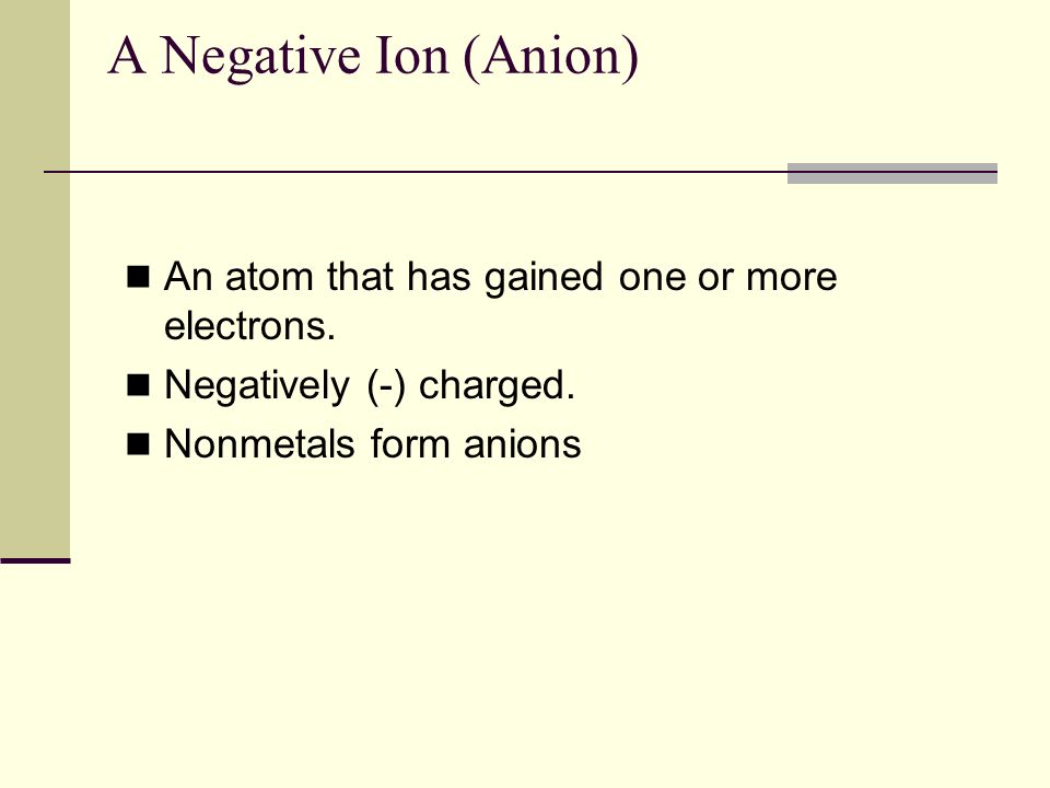 A Negative Ion (Anion) An atom that has gained one or more electrons.