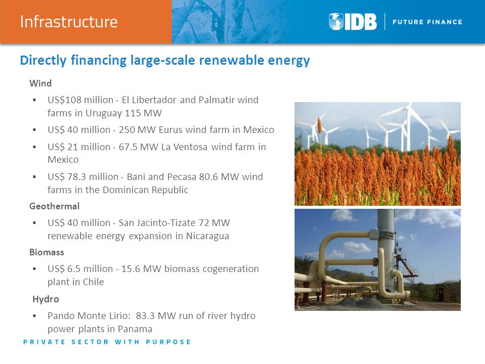Directly financing large-scale renewable energy Wind  US$108 million - El Libertador and Palmatir wind farms in Uruguay 115 MW  US$ 40 million MW Eurus wind farm in Mexico  US$ 21 million MW La Ventosa wind farm in Mexico  US$ 78.3 million - Bani and Pecasa 80.6 MW wind farms in the Dominican Republic Geothermal  US$ 40 million - San Jacinto-Tizate 72 MW renewable energy expansion in Nicaragua Biomass  US$ 6.5 million MW biomass cogeneration plant in Chile Hydro  Pando Monte Lirio: 83.3 MW run of river hydro power plants in Panama 5