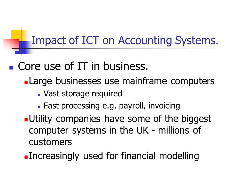 Impact of ICT on Accounting Systems. Core use of IT in business.