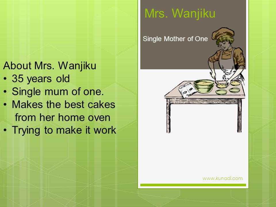 Mrs. Wanjiku Single Mother of One About Mrs. Wanjiku 35 years old Single mum of one.