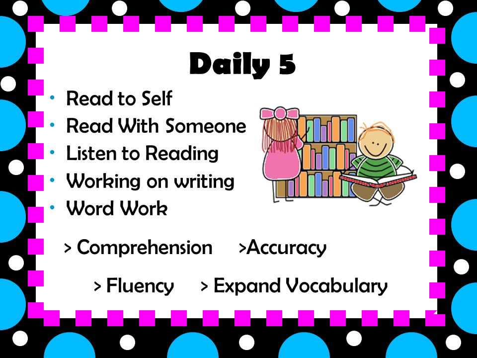 Read to Self Read With Someone Listen to Reading Working on writing Word Work Daily 5 > Comprehension >Accuracy > Fluency > Expand Vocabulary
