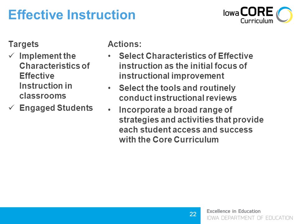 22 Effective Instruction Targets Implement the Characteristics of Effective Instruction in classrooms Engaged Students Actions: Select Characteristics of Effective instruction as the initial focus of instructional improvement Select the tools and routinely conduct instructional reviews Incorporate a broad range of strategies and activities that provide each student access and success with the Core Curriculum