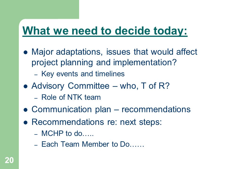 20 What we need to decide today: Major adaptations, issues that would affect project planning and implementation.
