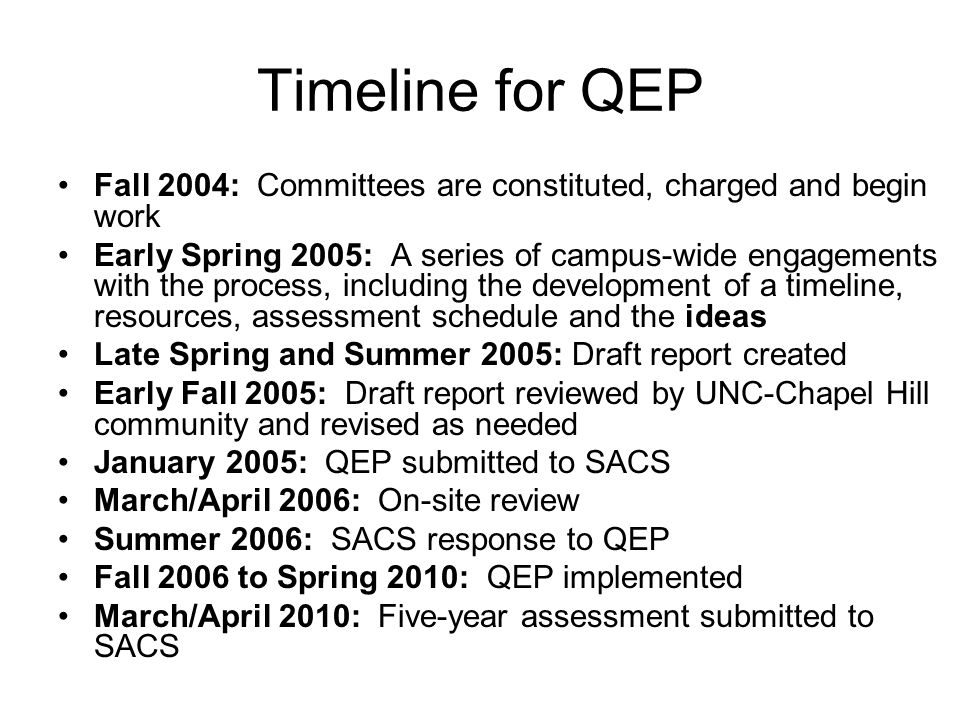 Timeline for QEP Fall 2004: Committees are constituted, charged and begin work Early Spring 2005: A series of campus-wide engagements with the process, including the development of a timeline, resources, assessment schedule and the ideas Late Spring and Summer 2005: Draft report created Early Fall 2005: Draft report reviewed by UNC-Chapel Hill community and revised as needed January 2005: QEP submitted to SACS March/April 2006: On-site review Summer 2006: SACS response to QEP Fall 2006 to Spring 2010: QEP implemented March/April 2010: Five-year assessment submitted to SACS