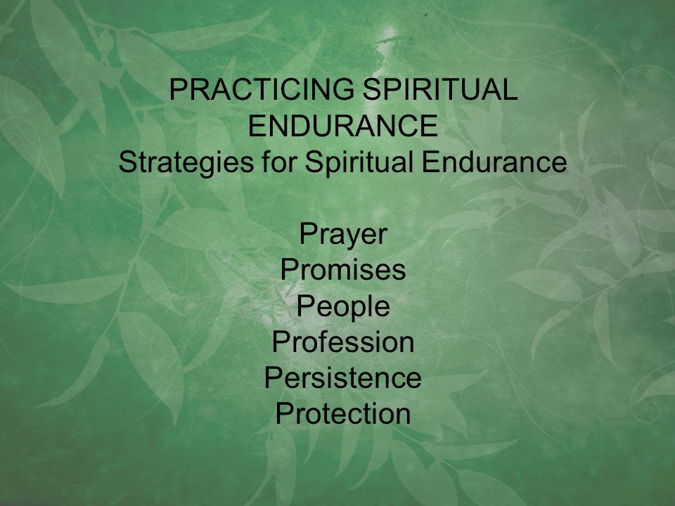 PRACTICING SPIRITUAL ENDURANCE Strategies for Spiritual Endurance Prayer Promises People Profession Persistence Protection