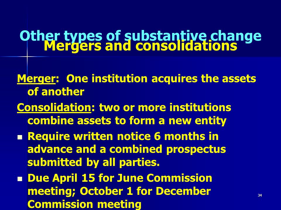 34 Other types of substantive change Mergers and consolidations Merger: One institution acquires the assets of another Consolidation: two or more institutions combine assets to form a new entity Require written notice 6 months in advance and a combined prospectus submitted by all parties.