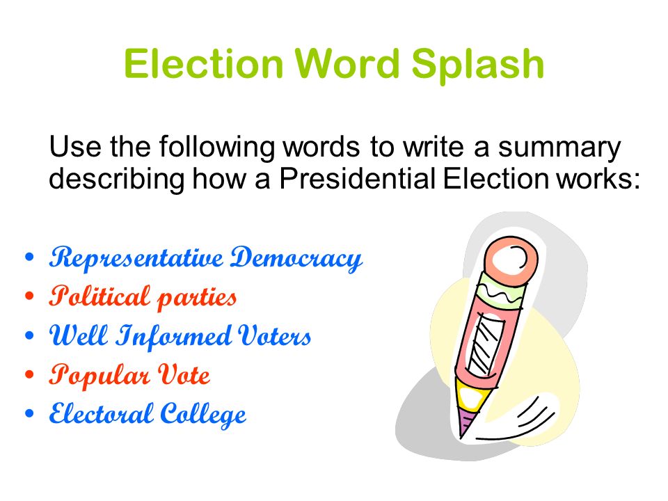 Election Word Splash Use the following words to write a summary describing how a Presidential Election works: Representative Democracy Political parties Well Informed Voters Popular Vote Electoral College