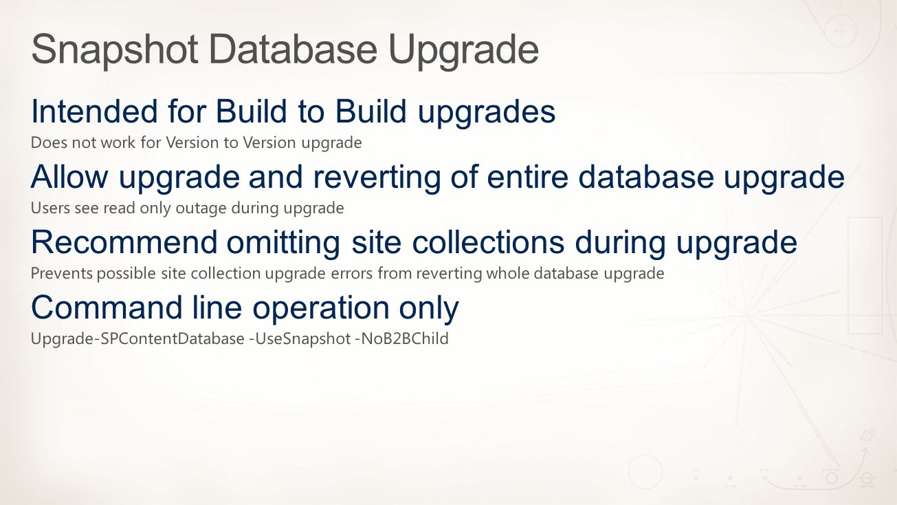 Snapshot Database Upgrade