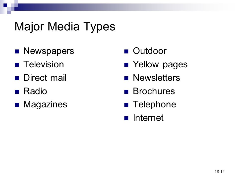 18-14 Major Media Types Newspapers Television Direct mail Radio Magazines Outdoor Yellow pages Newsletters Brochures Telephone Internet
