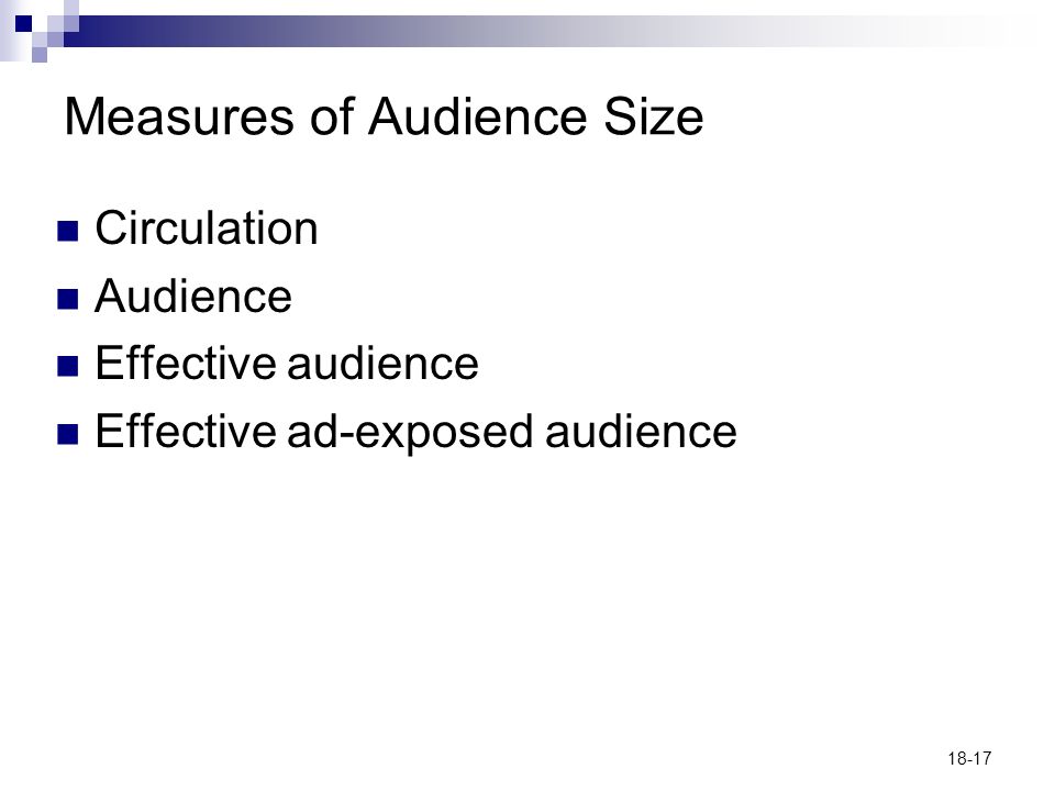 18-17 Measures of Audience Size Circulation Audience Effective audience Effective ad-exposed audience