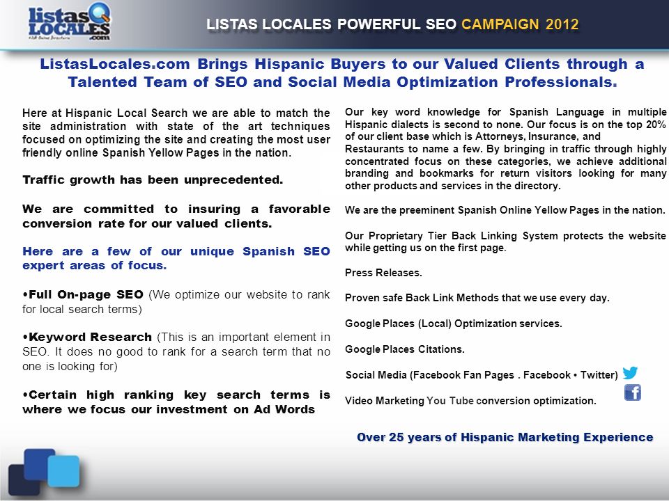 ListasLocales.com Brings Hispanic Buyers to our Valued Clients through a Talented Team of SEO and Social Media Optimization Professionals.