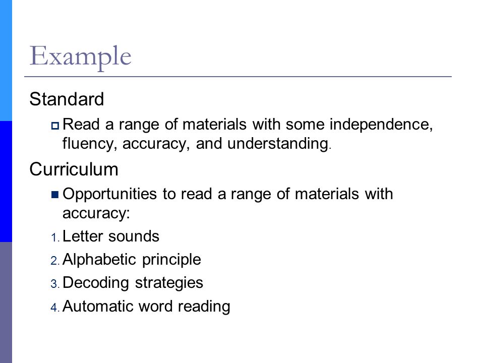 Example Standard  Read a range of materials with some independence, fluency, accuracy, and understanding.