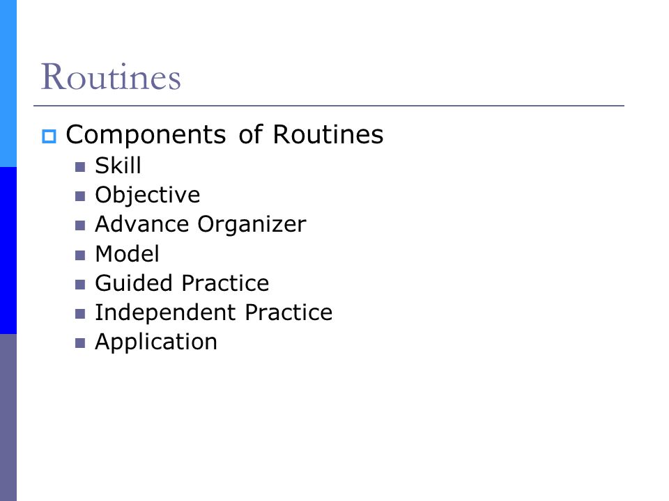 Routines  Components of Routines Skill Objective Advance Organizer Model Guided Practice Independent Practice Application