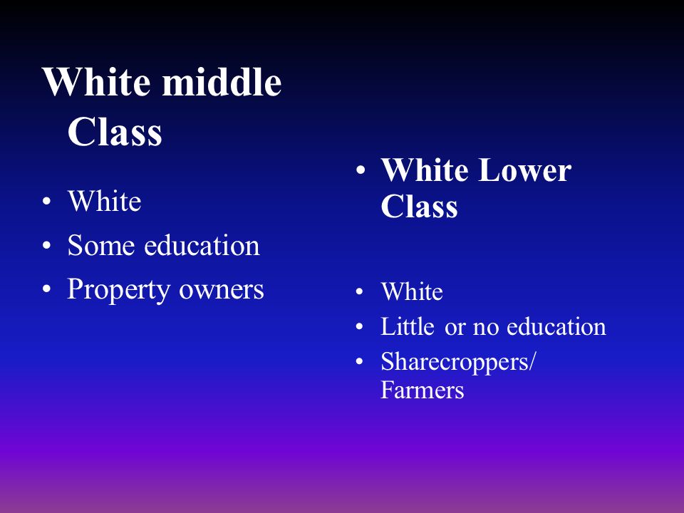Aristocrats -White upper class Educated Legitimate claim to Old South plantation families.