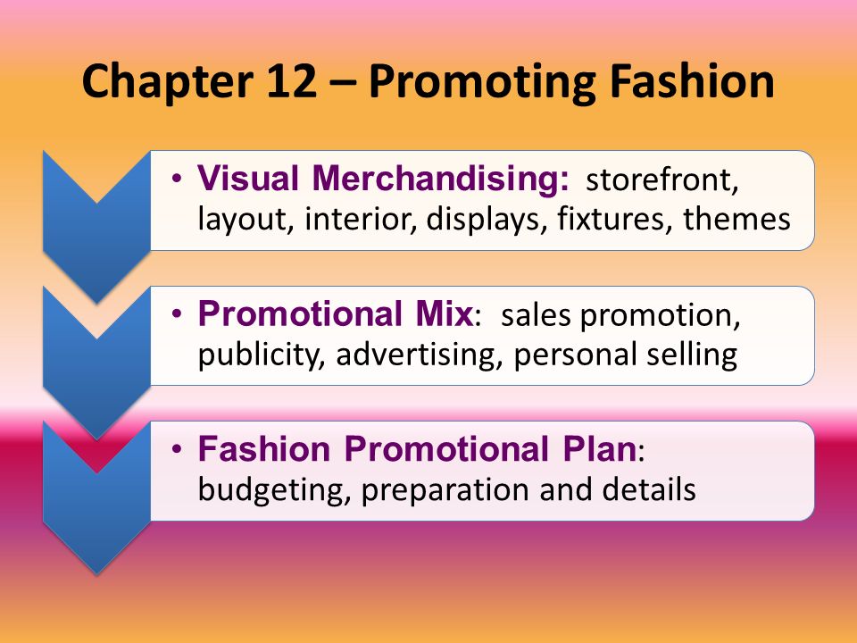 Chapter 12 – Promoting Fashion Visual Merchandising: storefront, layout, interior, displays, fixtures, themes Promotional Mix : sales promotion, publicity, advertising, personal selling Fashion Promotional Plan : budgeting, preparation and details