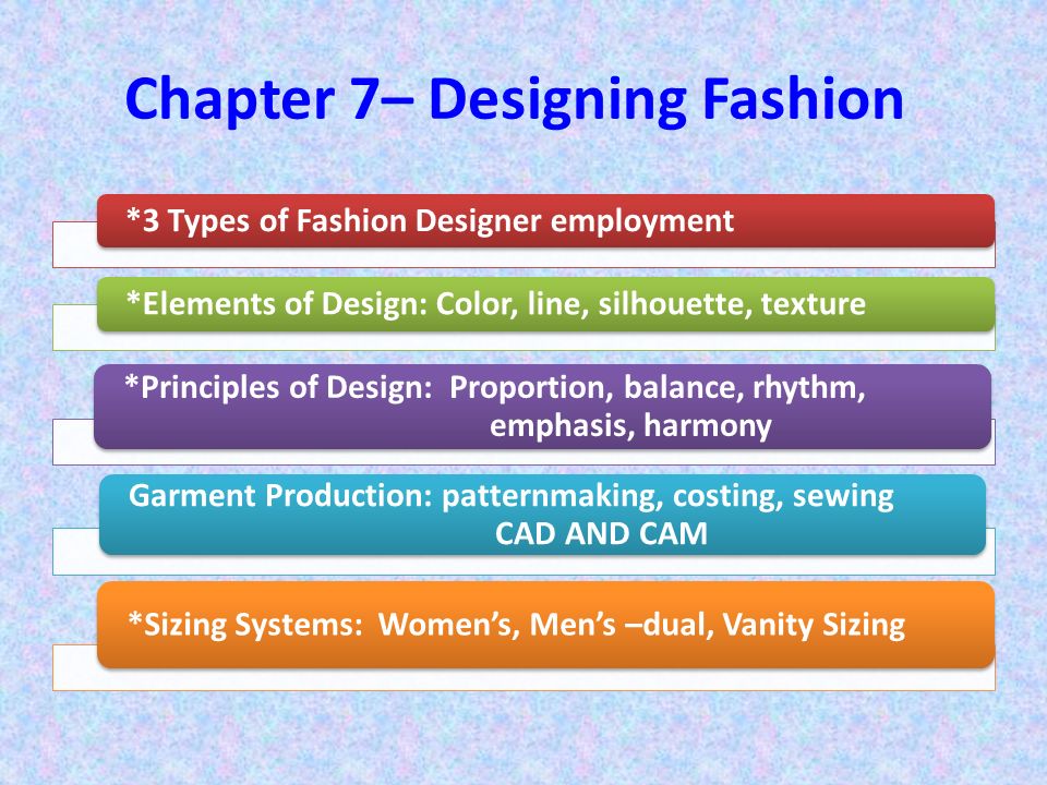 Chapter 7– Designing Fashion *3 Types of Fashion Designer employment*Elements of Design: Color, line, silhouette, texture *Principles of Design: Proportion, balance, rhythm, emphasis, harmony Garment Production: patternmaking, costing, sewing CAD AND CAM *Sizing Systems: Women’s, Men’s –dual, Vanity Sizing