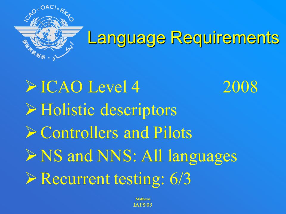Mathews IATS 03 PRICESG  ICAO Language Proficiency Requirements  Use ICAO phraseology  Know plain language too  Use English or L.