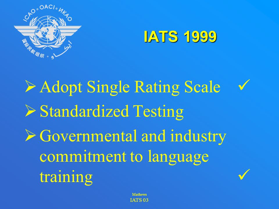 Mathews IATS 03 ICAO Rating Scale  Holistic Descriptors  Six Levels: Expert-6 Pre-operational-3 Extended-5 Elementary-2 Operational-4 Pre-elementary-1  Five Areas of linguistic performance Pronunciation Fluency Structure Comprehension Interactions