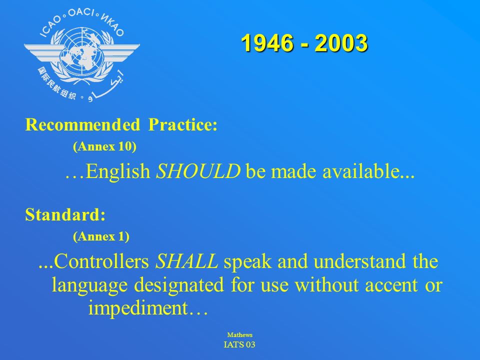 ICAO Language Proficiency Requirements Presented by Elizabeth Mathews Linguistic Consultant, ICAO
