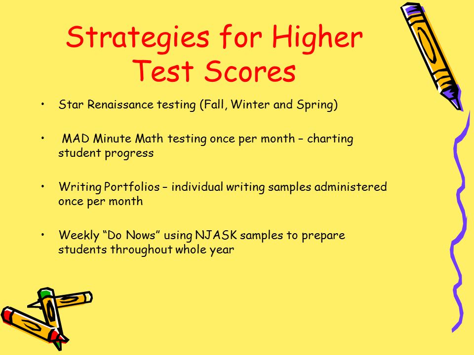 Strategies for Higher Test Scores Star Renaissance testing (Fall, Winter and Spring) MAD Minute Math testing once per month – charting student progress Writing Portfolios – individual writing samples administered once per month Weekly Do Nows using NJASK samples to prepare students throughout whole year