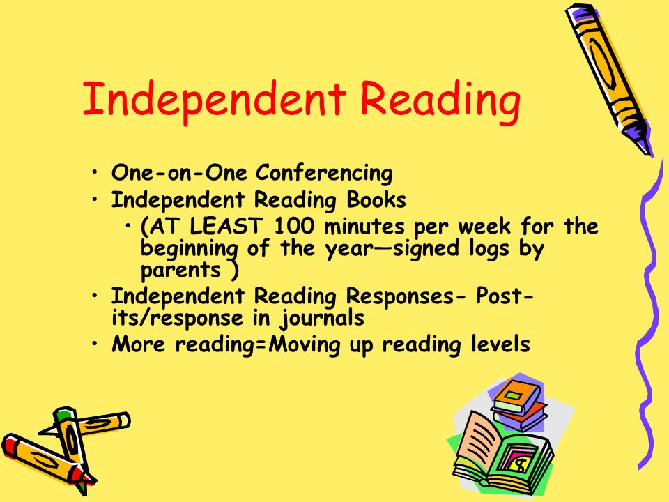 Independent Reading One-on-One Conferencing Independent Reading Books (AT LEAST 100 minutes per week for the beginning of the year—signed logs by parents ) Independent Reading Responses- Post- its/response in journals More reading=Moving up reading levels