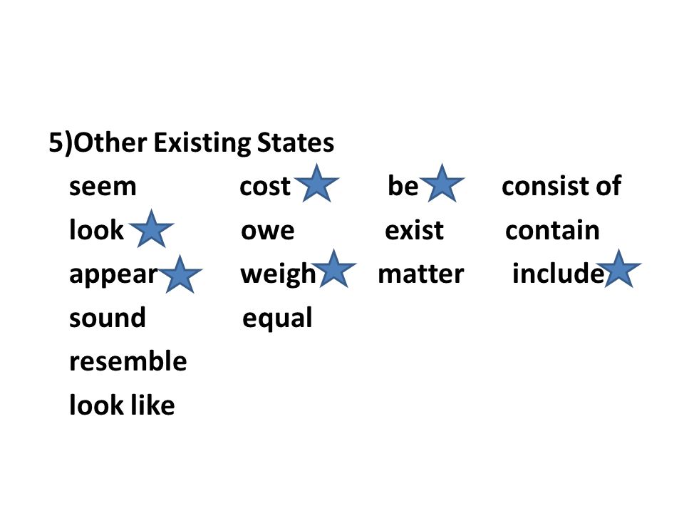 5)Other Existing States seem cost be consist of look owe exist contain appear weigh matter include sound equal resemble look like