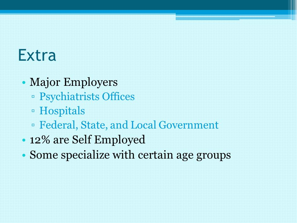 Extra Major Employers ▫Psychiatrists Offices ▫Hospitals ▫Federal, State, and Local Government 12% are Self Employed Some specialize with certain age groups