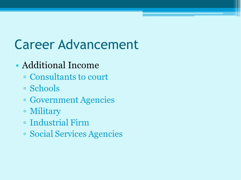 Career Advancement Additional Income ▫Consultants to court ▫Schools ▫Government Agencies ▫Military ▫Industrial Firm ▫Social Services Agencies