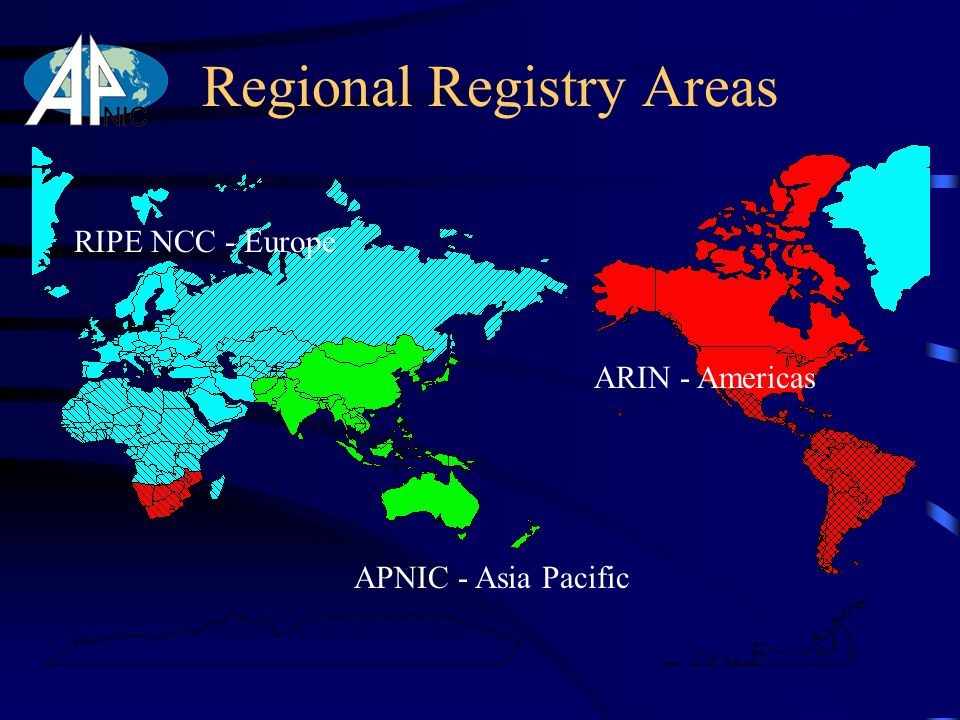 ARIN - Americas RIPE NCC - Europe APNIC - Asia Pacific Regional Registry Areas