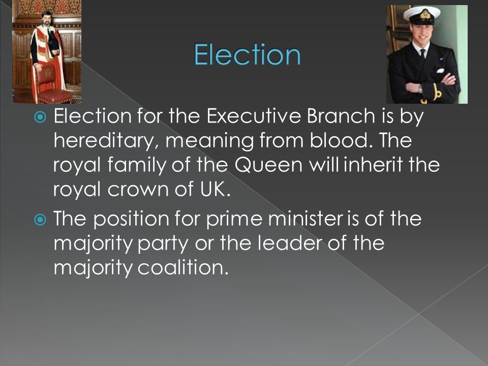  Election for the Executive Branch is by hereditary, meaning from blood.