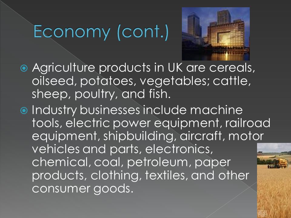  Agriculture products in UK are cereals, oilseed, potatoes, vegetables; cattle, sheep, poultry, and fish.