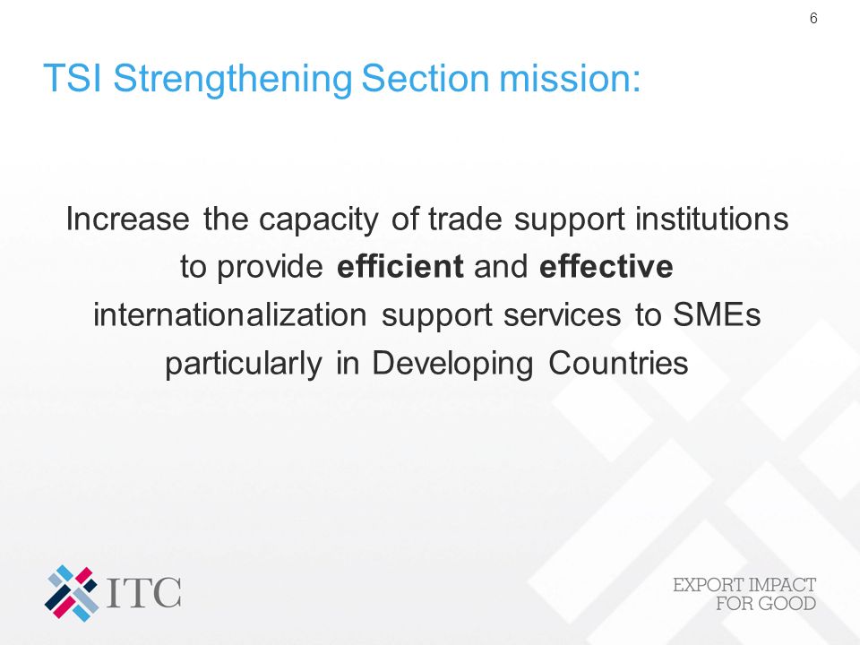 6 TSI Strengthening Section mission: Increase the capacity of trade support institutions to provide efficient and effective internationalization support services to SMEs particularly in Developing Countries