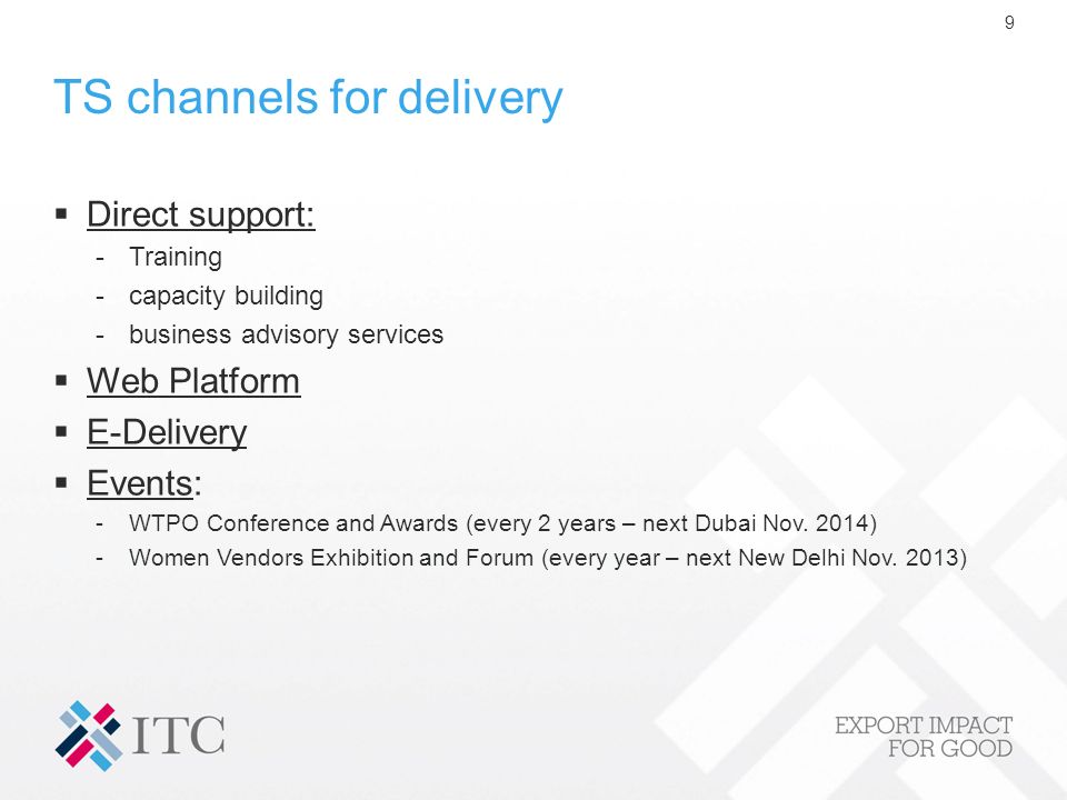 9 TS channels for delivery  Direct support: -Training -capacity building -business advisory services  Web Platform  E-Delivery  Events: -WTPO Conference and Awards (every 2 years – next Dubai Nov.