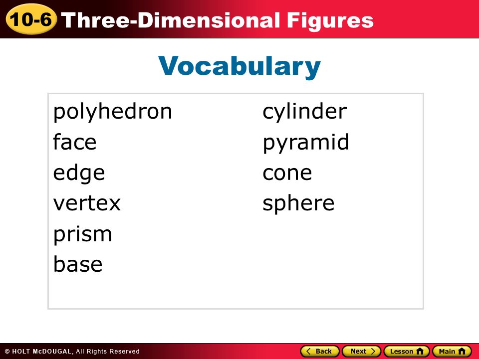 10-6 Three-Dimensional Figures Vocabulary polyhedroncylinder facepyramid edgecone vertexsphere prism base