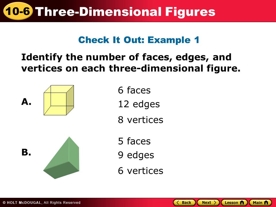 10-6 Three-Dimensional Figures Check It Out: Example 1 Identify the number of faces, edges, and vertices on each three-dimensional figure.