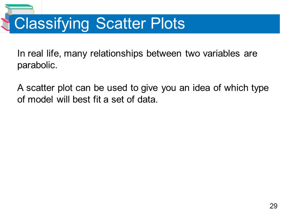 29 Classifying Scatter Plots In real life, many relationships between two variables are parabolic.