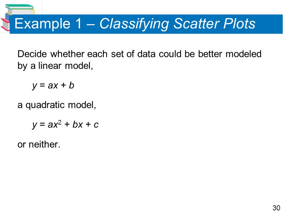 30 Example 1 – Classifying Scatter Plots Decide whether each set of data could be better modeled by a linear model, y = ax + b a quadratic model, y = ax 2 + bx + c or neither.